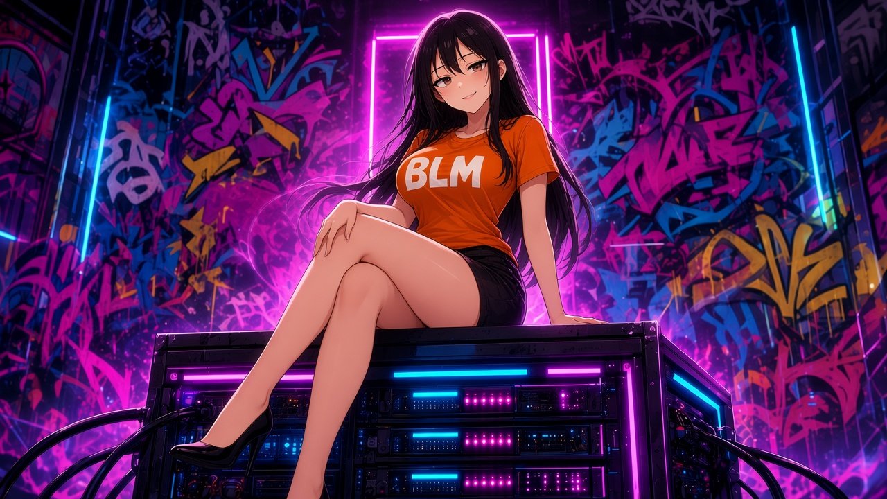 BLM anime pin-up in a neon server room